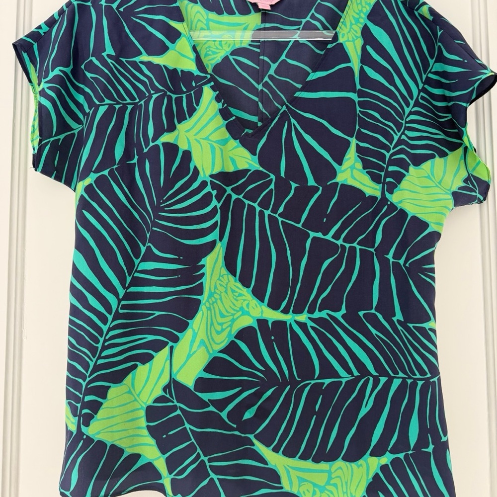 Lilly Pulitzer Green and Black Leaf Print Blouse